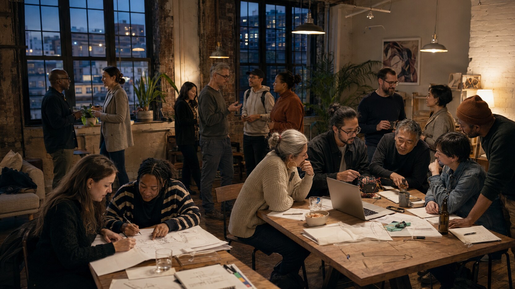 A diverse group of adults talking, sketching, and demonstrating a project together at a welcoming local meetup.
