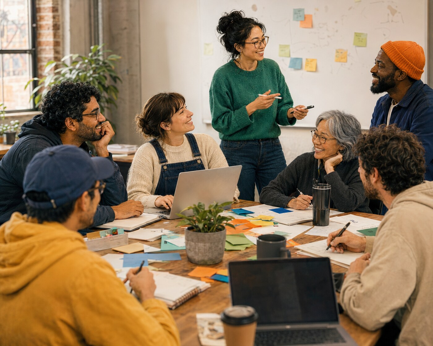 A fictional editorial composite of seven adults exchanging ideas around a workshop table.
