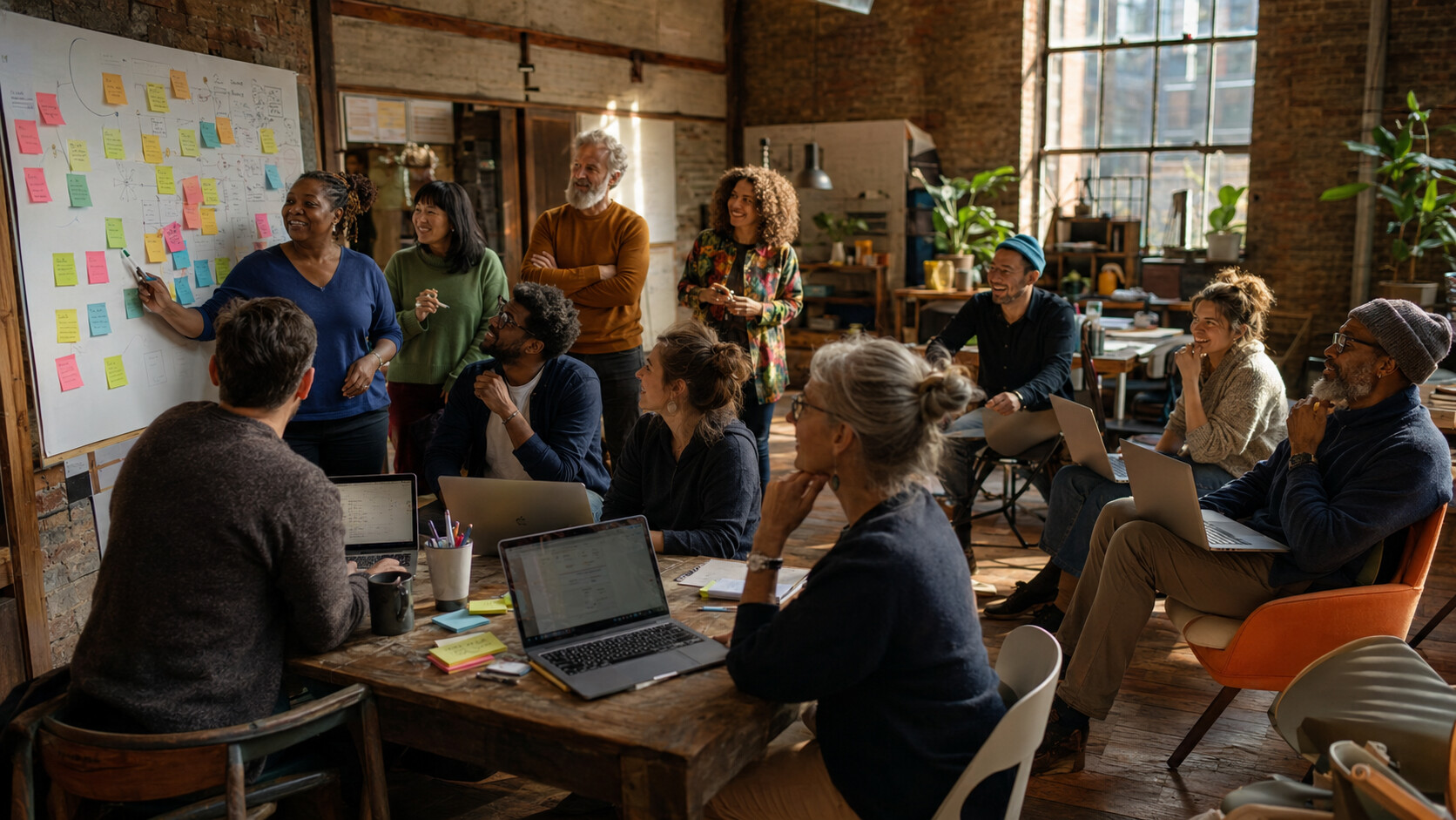 A fictional editorial composite of a large, diverse group learning and building together at a community workshop.