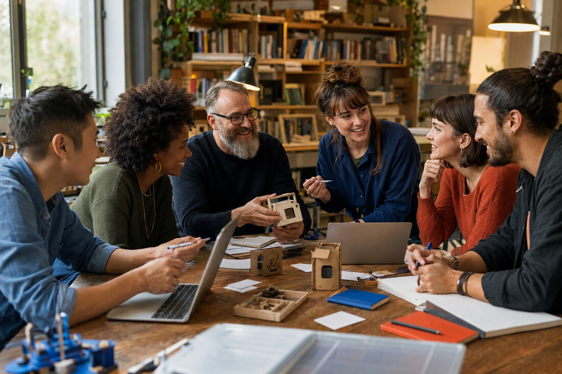 A fictional editorial composite of adults welcoming a newcomer into a collaborative learning session.