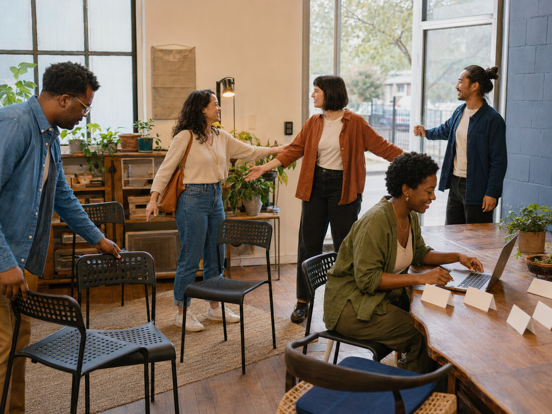 A fictional editorial composite of community organizers preparing a welcoming local gathering together.